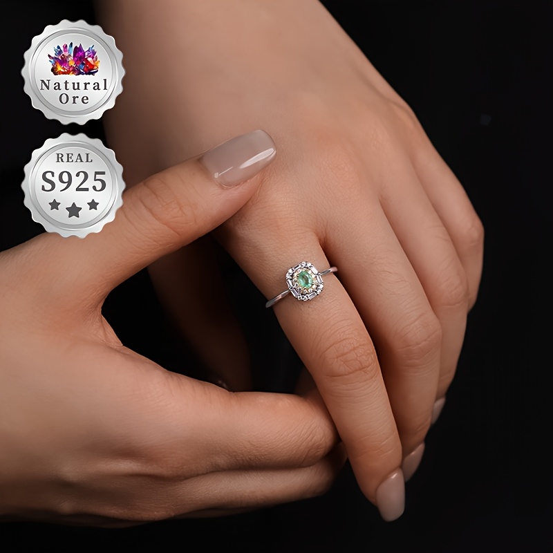 Women's Adjustable 925 Silver Ring with Green Natural Gemstones